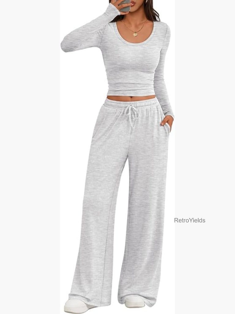 Women's Lounge Two Piece Scoop Neck Top And Wide Leg Pants Set